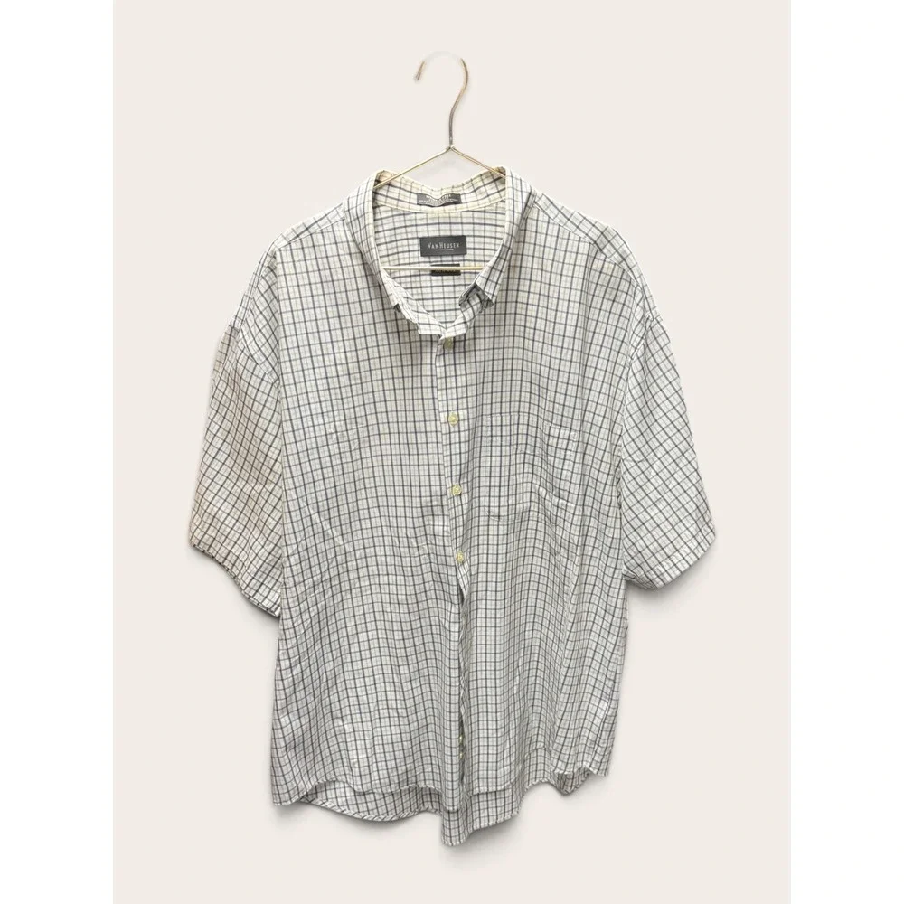 Van Heusen Mens XXL Wrinkle Free Broadcloth Grid Check Short Sleeve Button Shirt